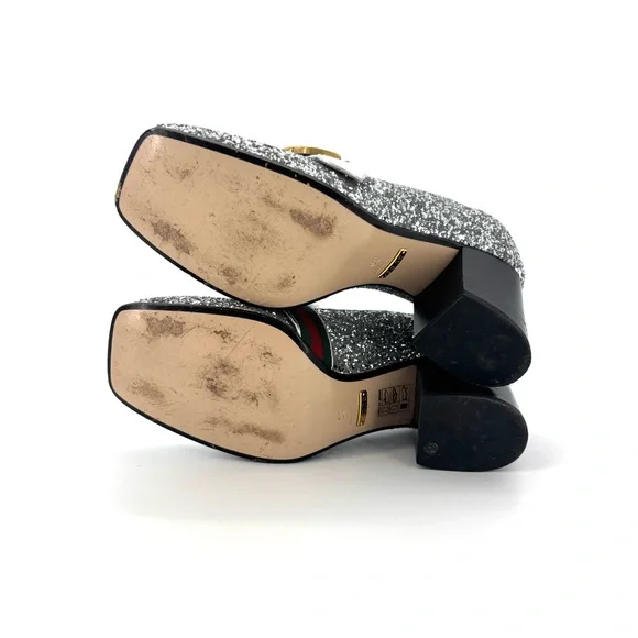 Gucci Web Stripe GG Peyton Silver Glitter Square Toe Platform Heeled Loafers 36 - Picture 8 of 10